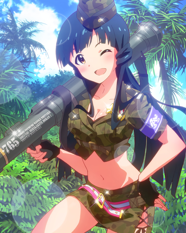 Reika stands in a tropical forest dotted with palm trees, posing and winking to the viewer.  She's wearing a crop top camouflage jacket with a matching miniskirt and cap.  Her left hand rests on her hip, while her right hand holds a rocket launcher slung over her shoulder.